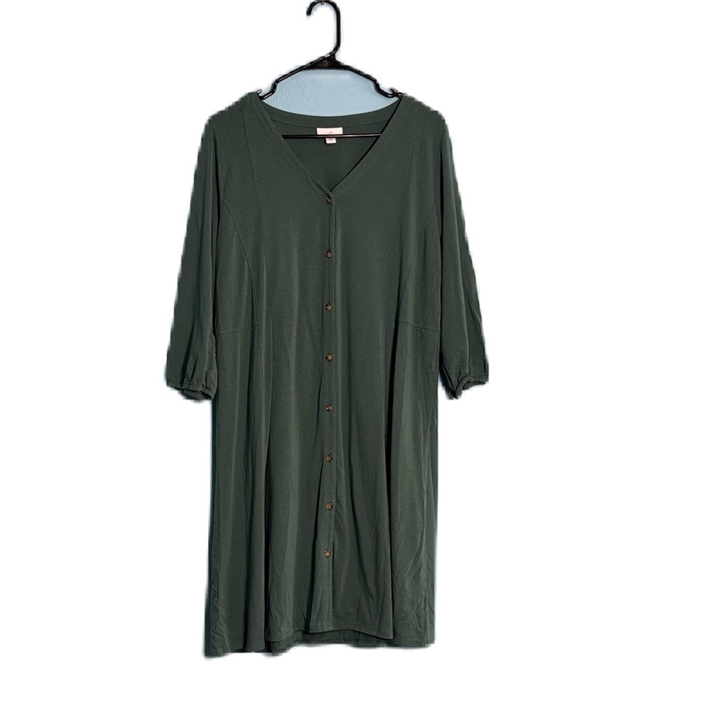 J. Jill Olive Green Midi Dress Womens Green Button Up Knee Length 3/4 Sleeve M